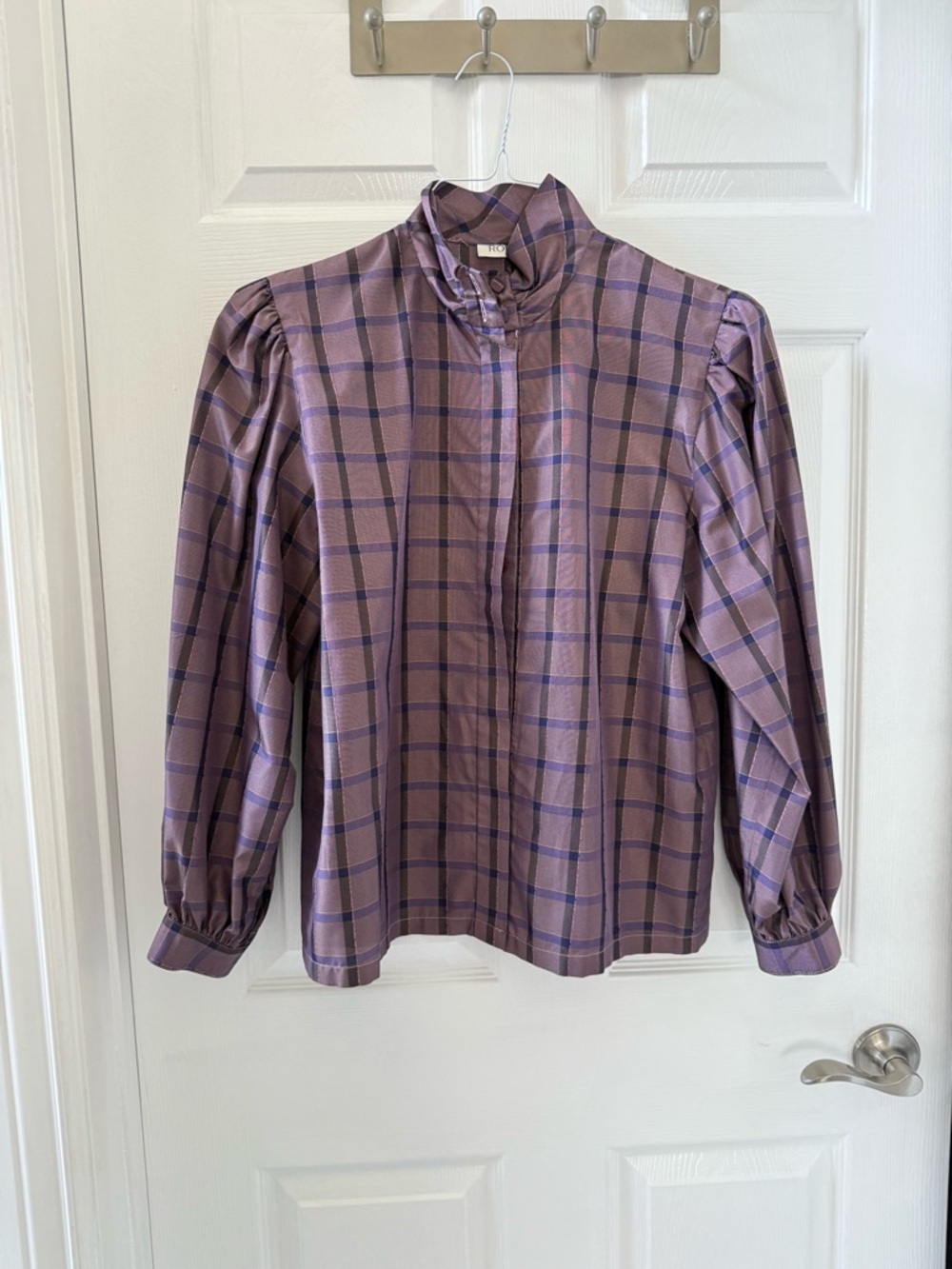 Vintage Plaid High-Neck Long-Sleeve Shirt in Mauve Purple and matching skirt